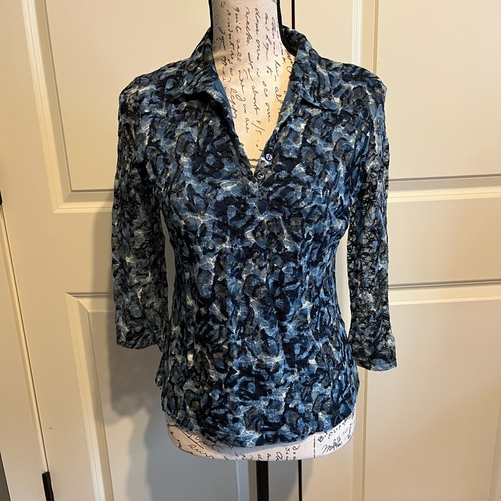 Style & Co Blue Blue Print Blouse Size Petite Medium